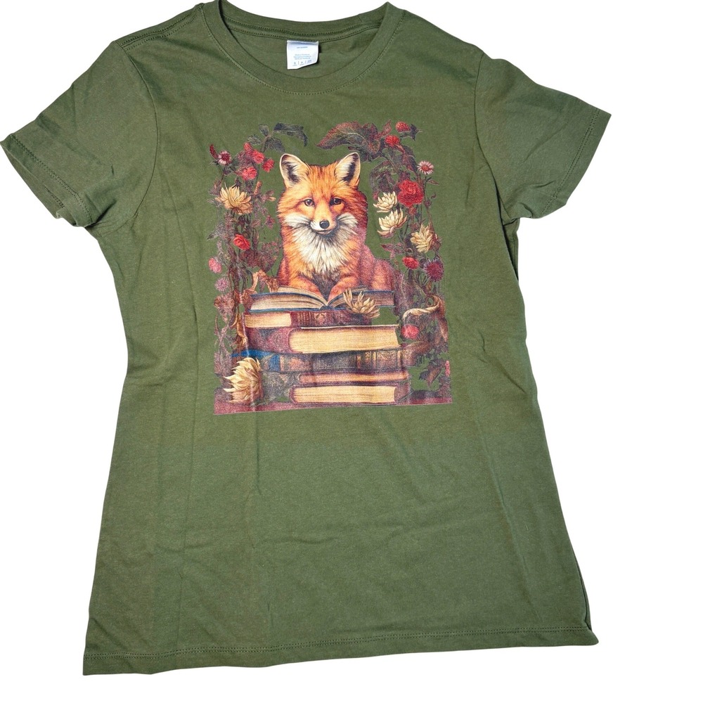 Small Green Fox Cotton T-shirt Reading Books Graphic Tee Port & Company cottage